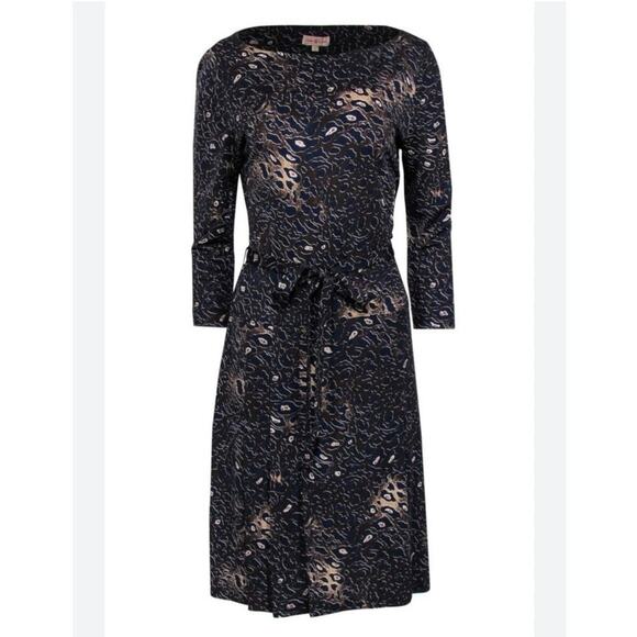Tory Burch Leopard Belted Drop Waist 3/4 Sleeve Boat Neck pleated Midi Dress XL - Picture 1 of 12